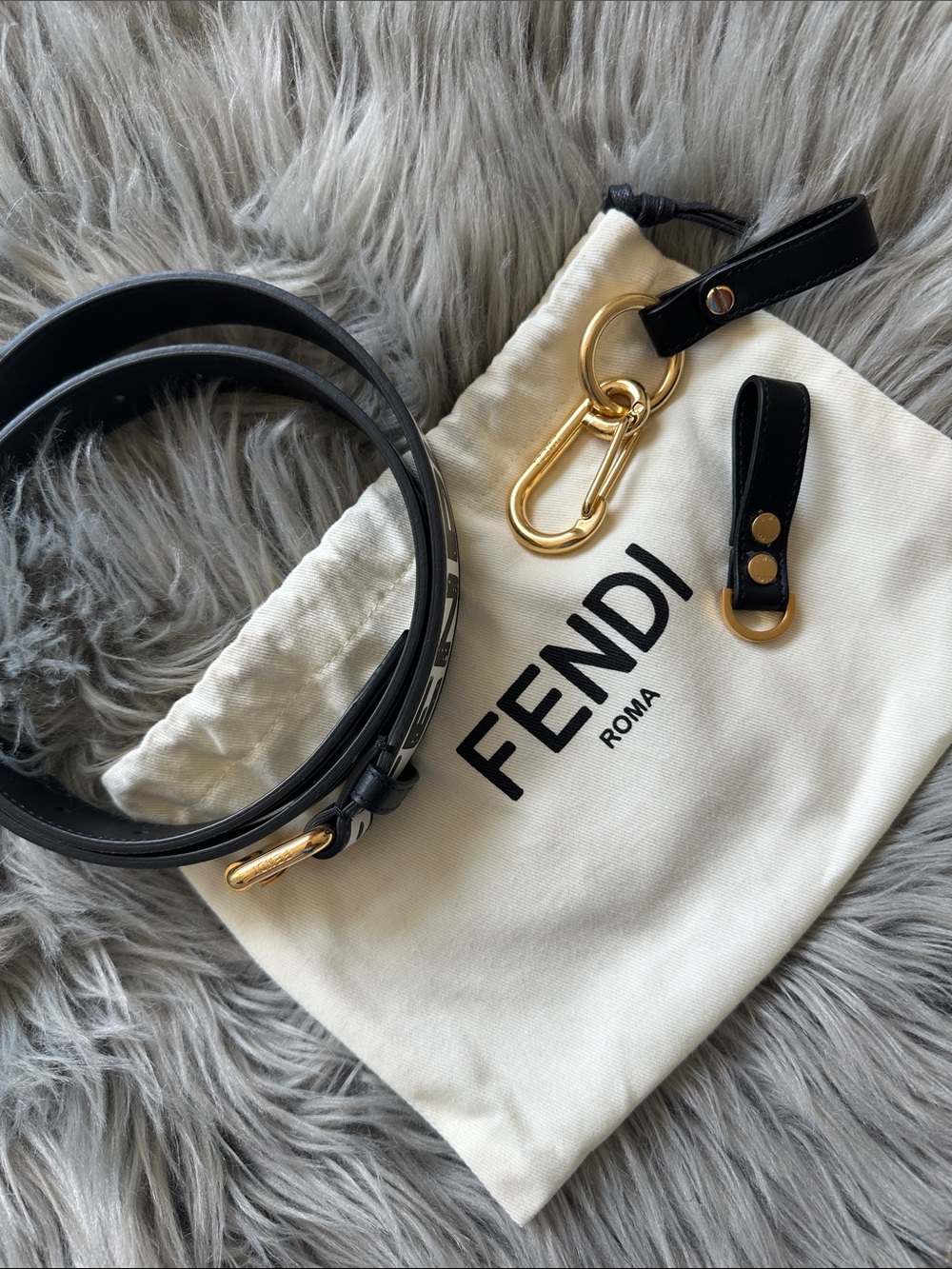 Authentic Fendi Black and White Logo Leather Shoulder Strap with Gold Hardware - Picture 2 of 4